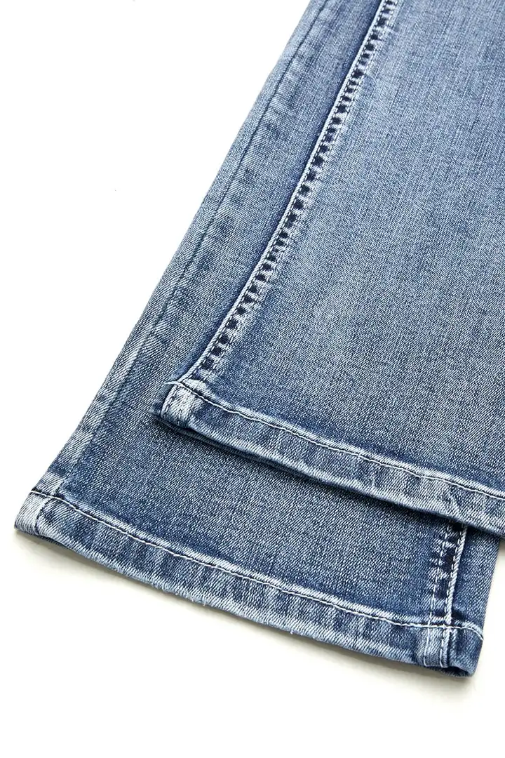 Stitch Detail Dual Button Mid Waist Straight Leg Jeans