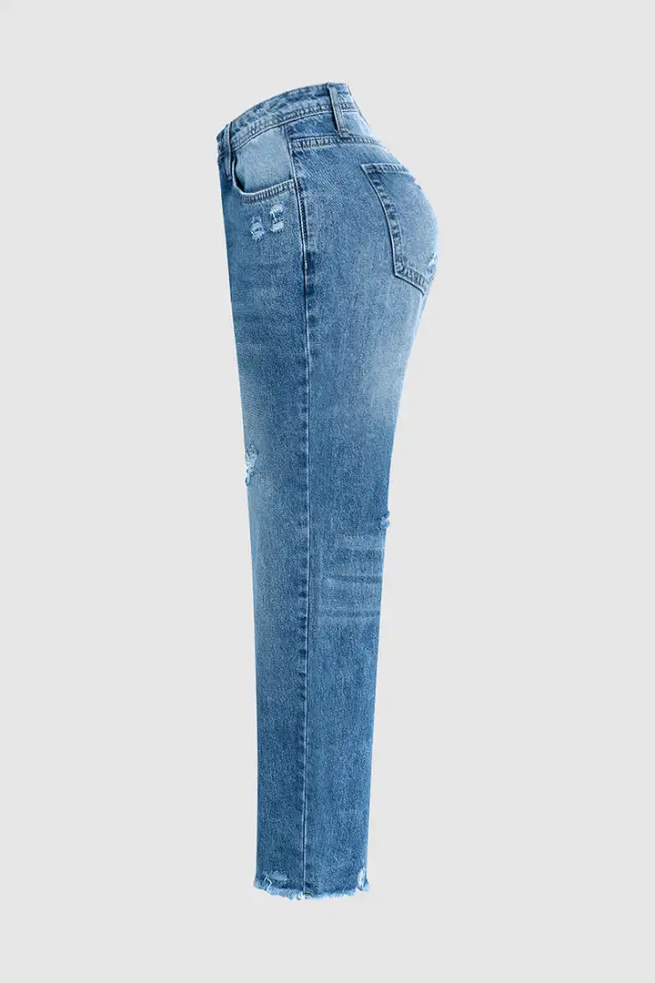 Ripped Raw Hem Mid Rise Straight Leg Cropped Jeans