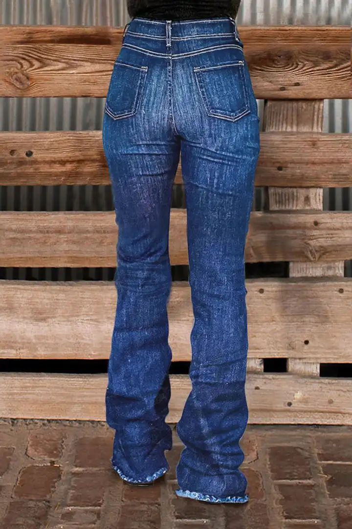 Button Fly Raw Hem Stitch Detail High Waist Bootcut Jeans