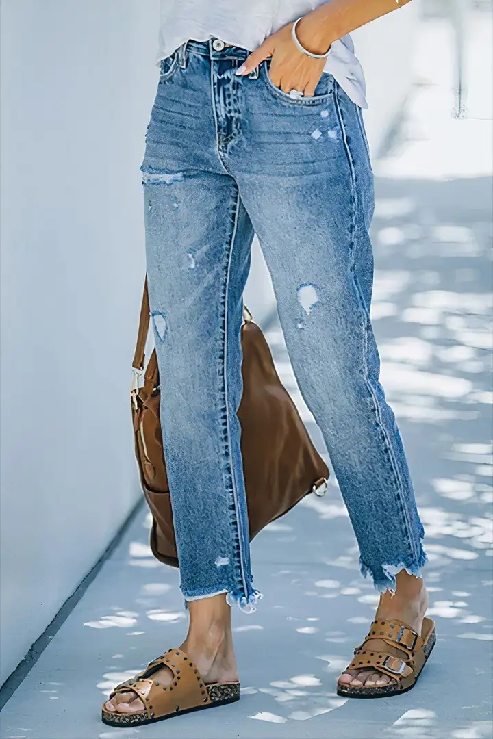 Ripped Raw Hem Mid Rise Straight Leg Cropped Jeans