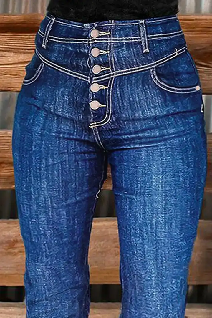 Button Fly Raw Hem Stitch Detail High Waist Bootcut Jeans