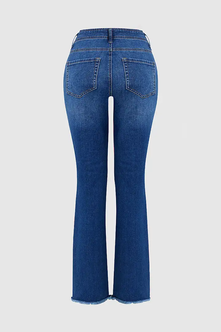 Button Fly Raw Hem Stitch Detail High Waist Bootcut Jeans