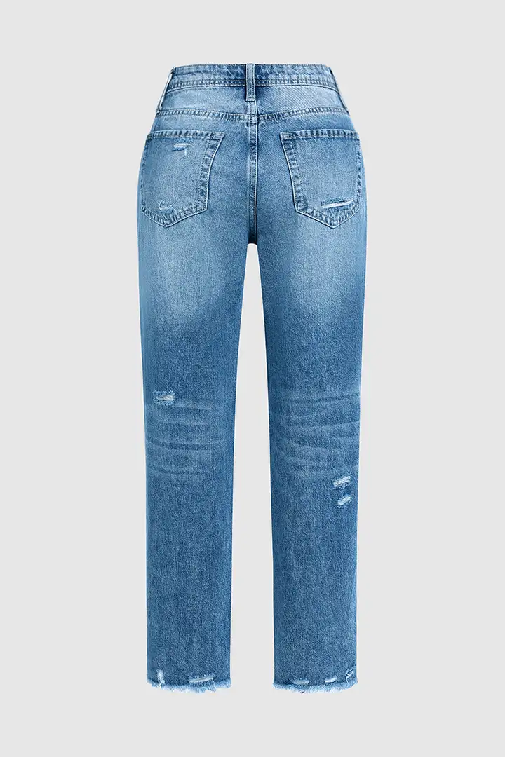 Ripped Raw Hem Mid Rise Straight Leg Cropped Jeans
