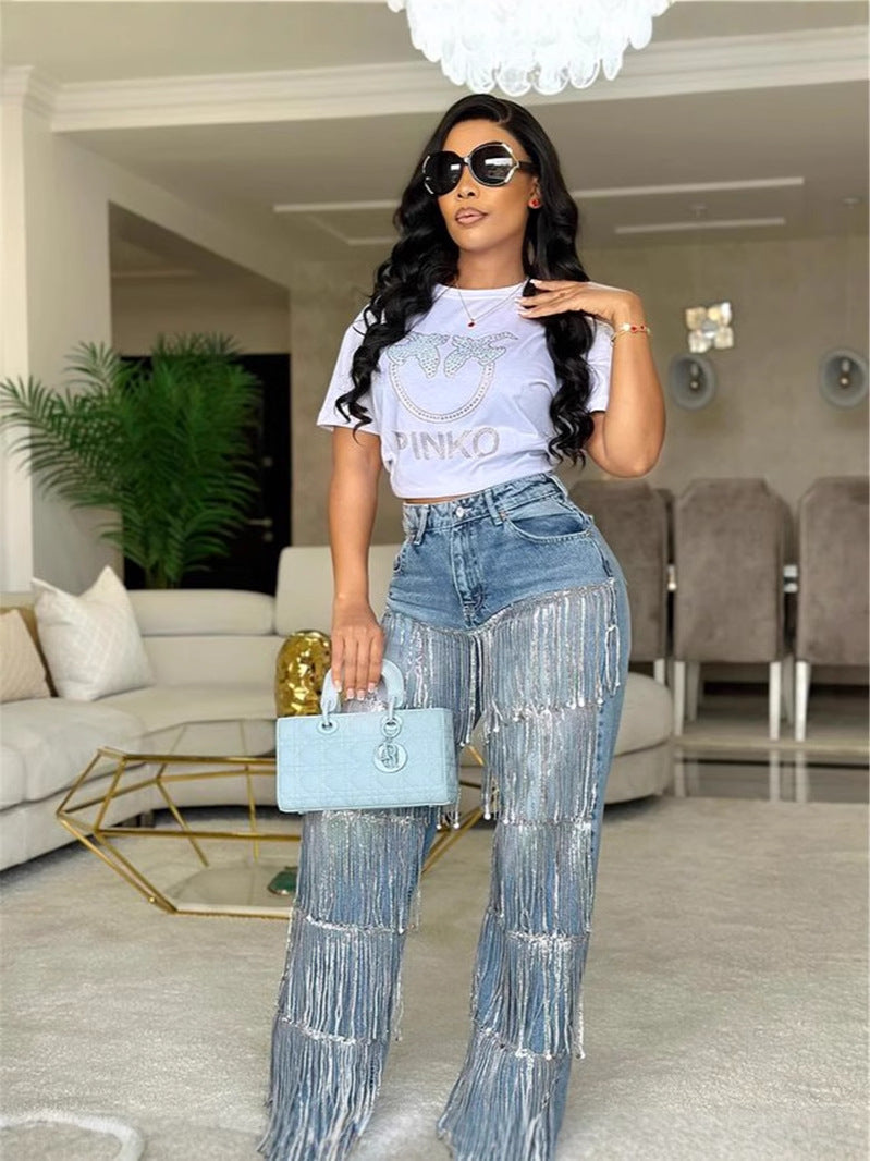 Womens  High Waisted Straight Wide Leg Sequin Tassels Jeans