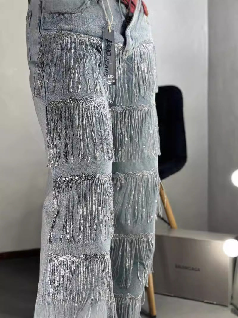 Womens  High Waisted Straight Wide Leg Sequin Tassels Jeans