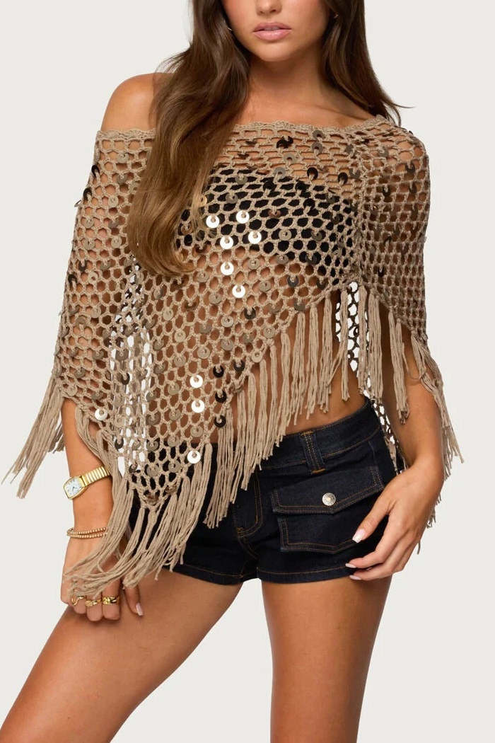 Fringe Sequin Crochet Poncho