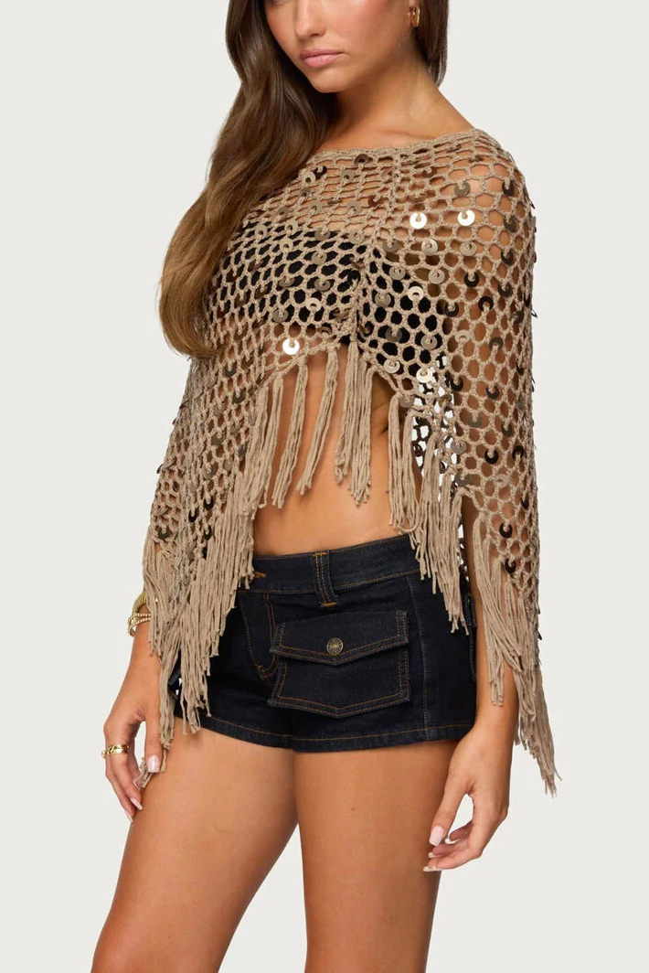 Fringe Sequin Crochet Poncho