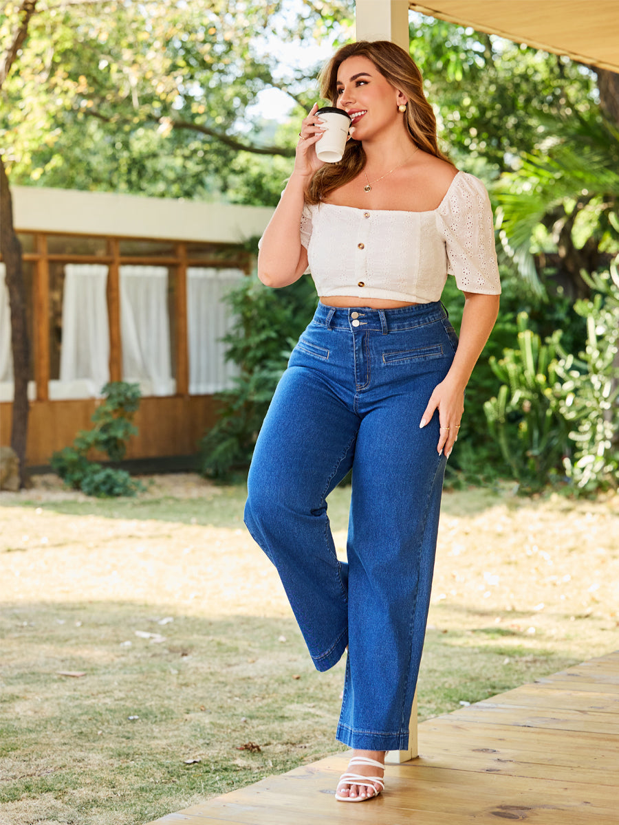 Relaxed Tummy Control Double Button Closure Wide-Leg Jeans