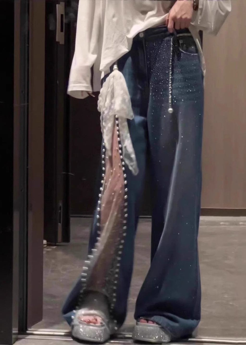 Lace Mesh Patchwork Baggy Jeans