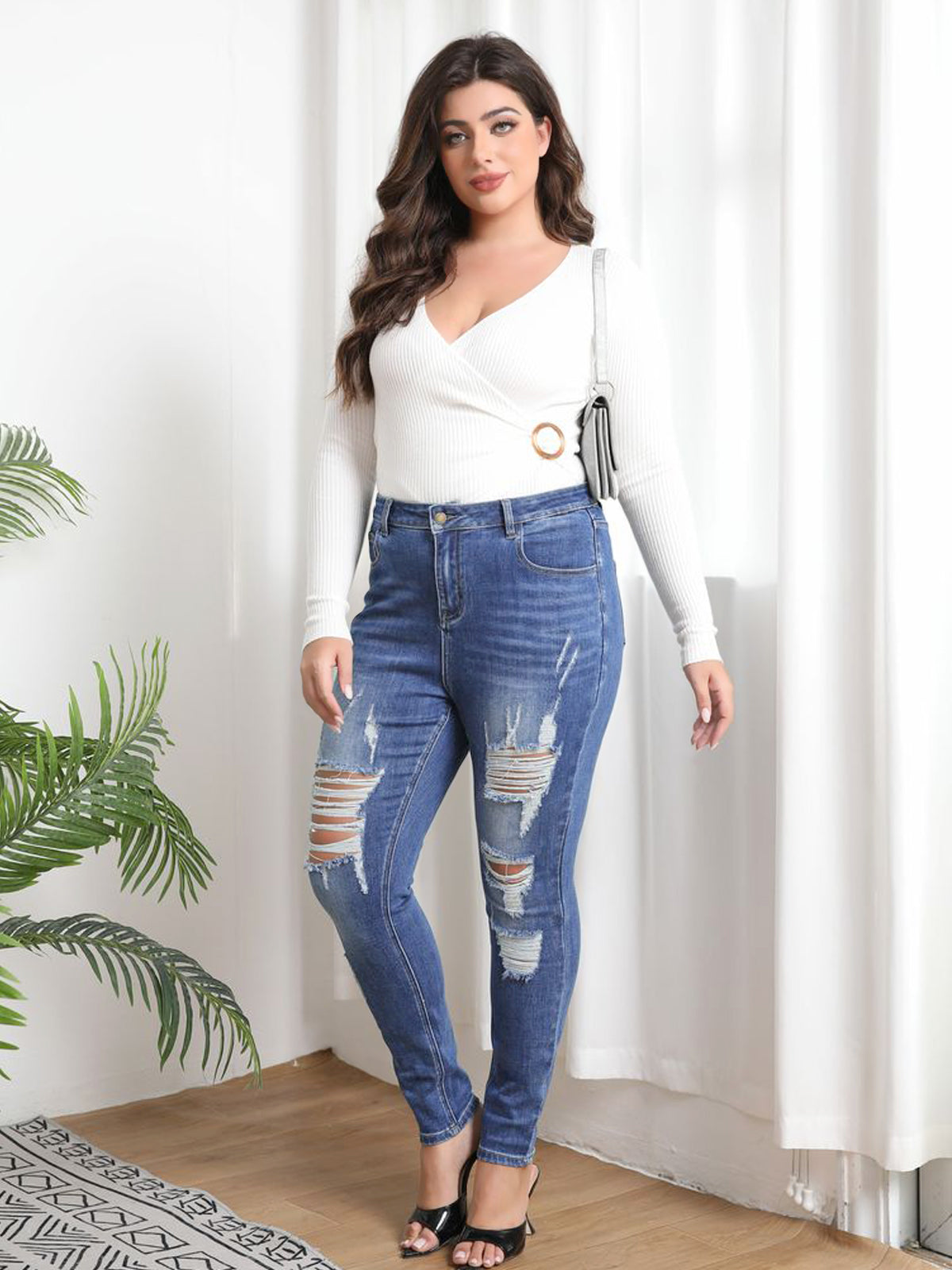 Tummy Control Distressed Cuffed Boyfriend Jeans