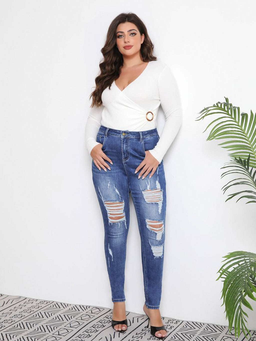 Tummy Control Distressed Cuffed Boyfriend Jeans