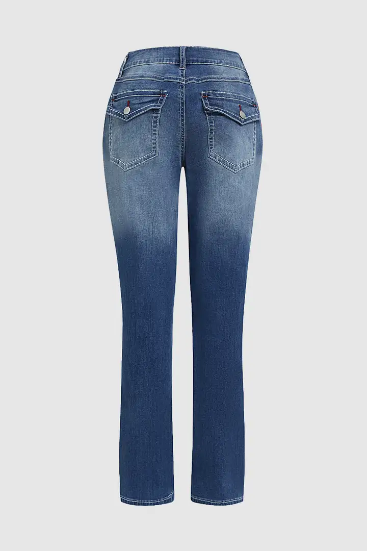 Washed Flap Pocket Low Rise Straight Leg Jeans