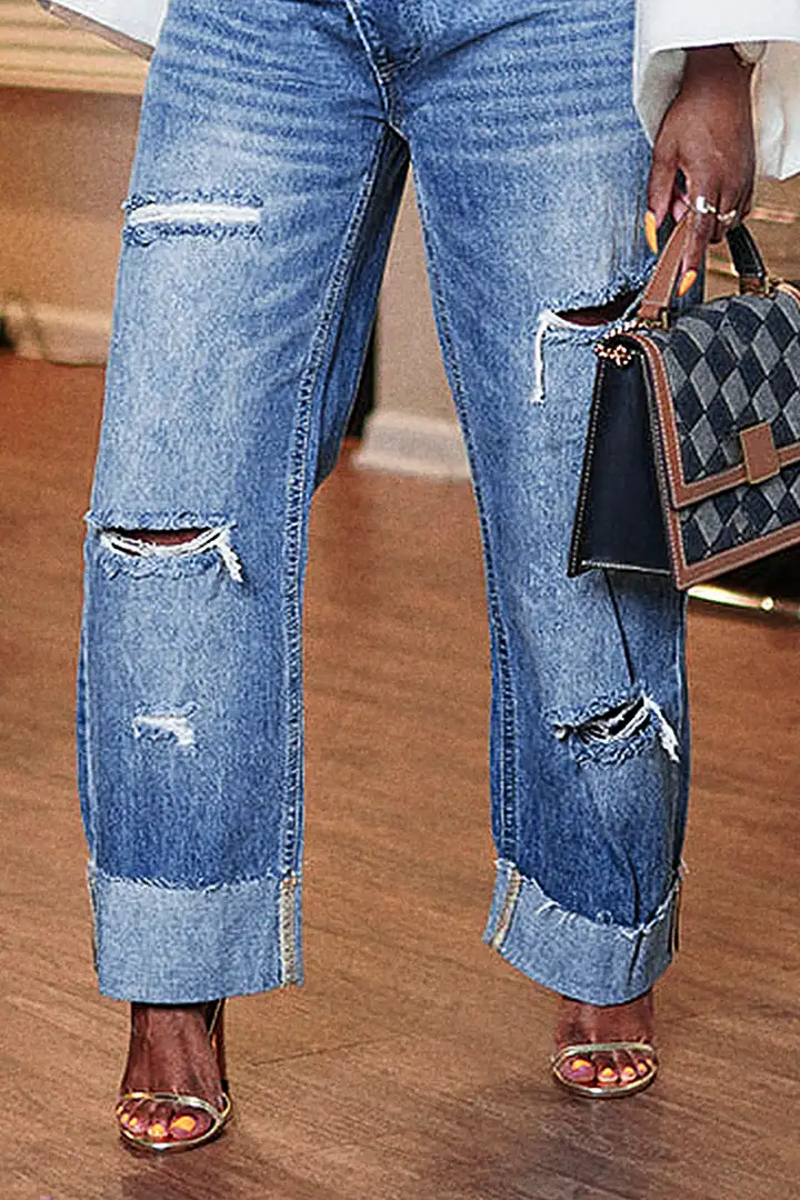Cut Out Roll Hem Raw Hem Asymmetrical High Waist Straight Leg Jeans
