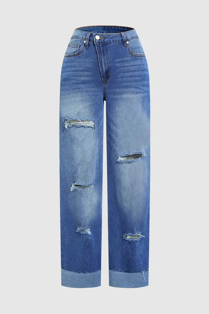 Cut Out Roll Hem Raw Hem Asymmetrical High Waist Straight Leg Jeans