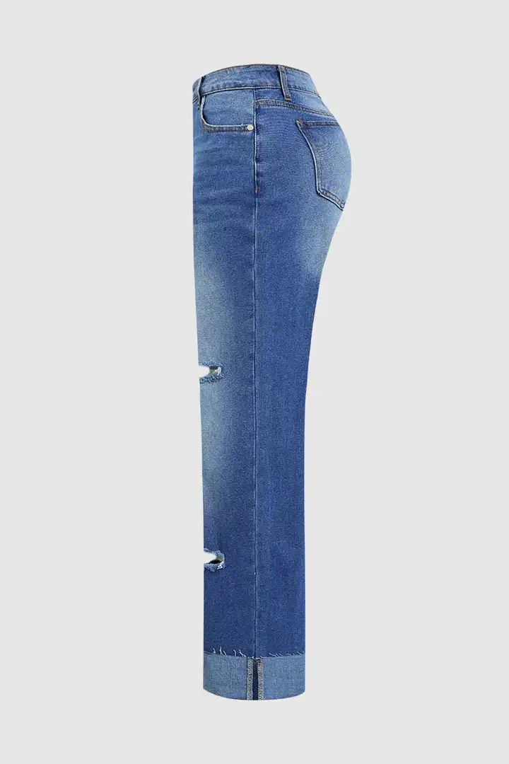 Cut Out Roll Hem Raw Hem Asymmetrical High Waist Straight Leg Jeans