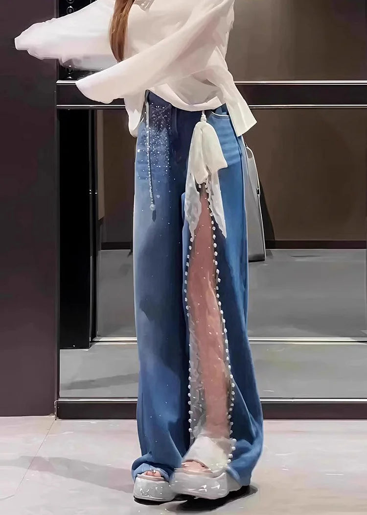 Lace Mesh Patchwork Baggy Jeans
